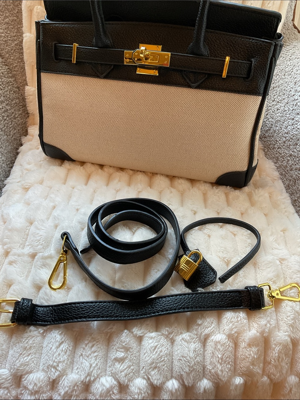 Canvas and Black Leather Top-Handle Satchel with Gold Hardware - Picture 2 of 9